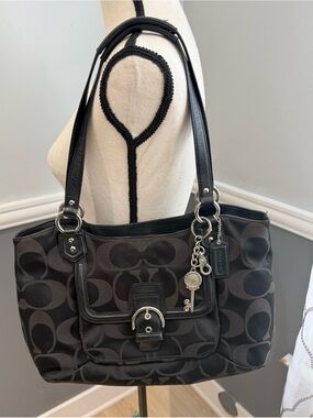 Coach Campbell Belle carryall tote black signature jacquard with S. Ricchi charm